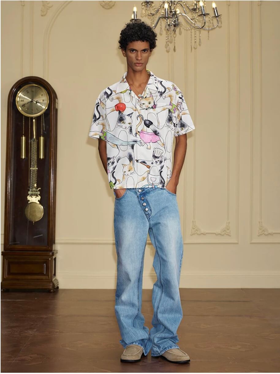 YADcrew All Over Cat Print Short Sleeve Shirt | Face 3 Face