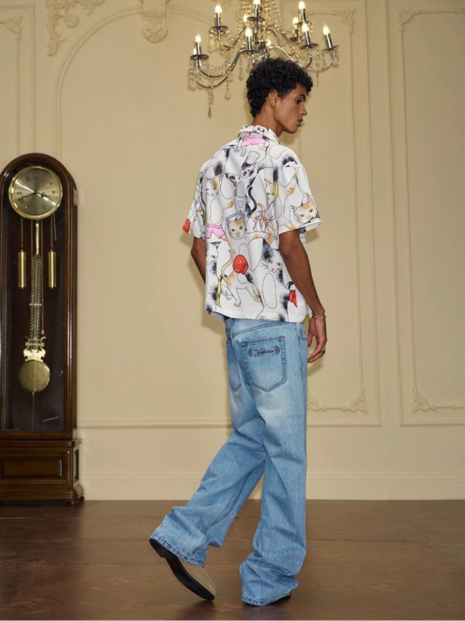 YADcrew All Over Cat Print Short Sleeve Shirt | Face 3 Face