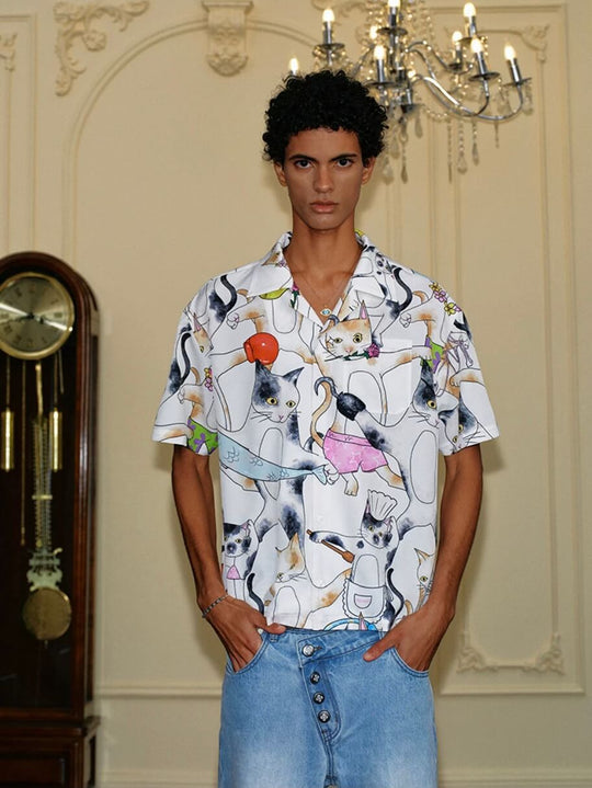 YADcrew All Over Cat Print Short Sleeve Shirt | Face 3 Face