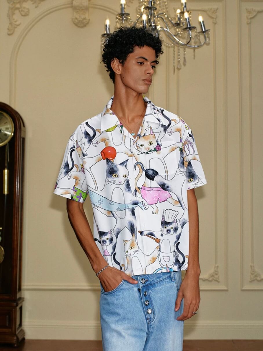 YADcrew All Over Cat Print Short Sleeve Shirt | Face 3 Face