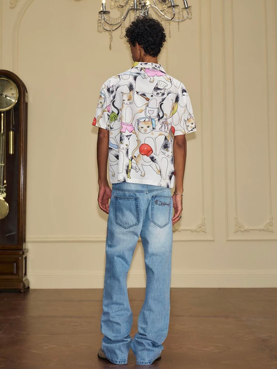 YADcrew All Over Cat Print Short Sleeve Shirt | Face 3 Face