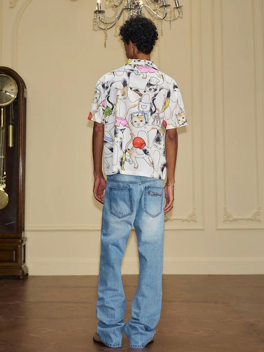 YADcrew All Over Cat Print Short Sleeve Shirt | Face 3 Face