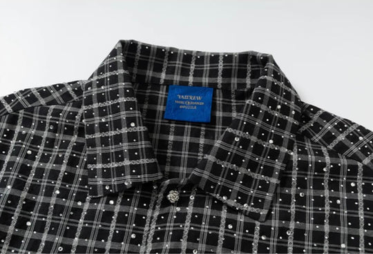 YADcrew Plaid Rhinestone Cascade Flower Button Short Sleeve Shirt | Face 3 Face