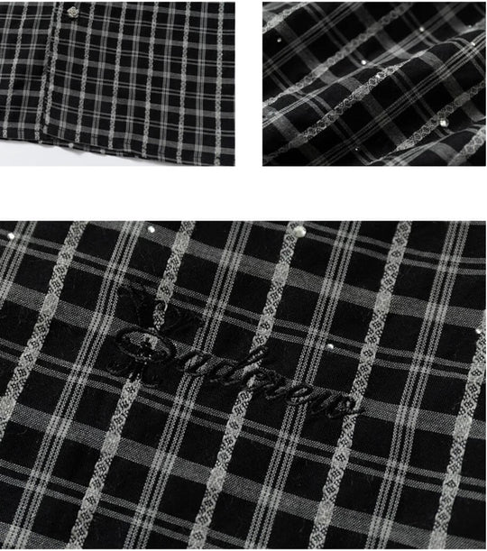 YADcrew Plaid Rhinestone Cascade Flower Button Short Sleeve Shirt | Face 3 Face