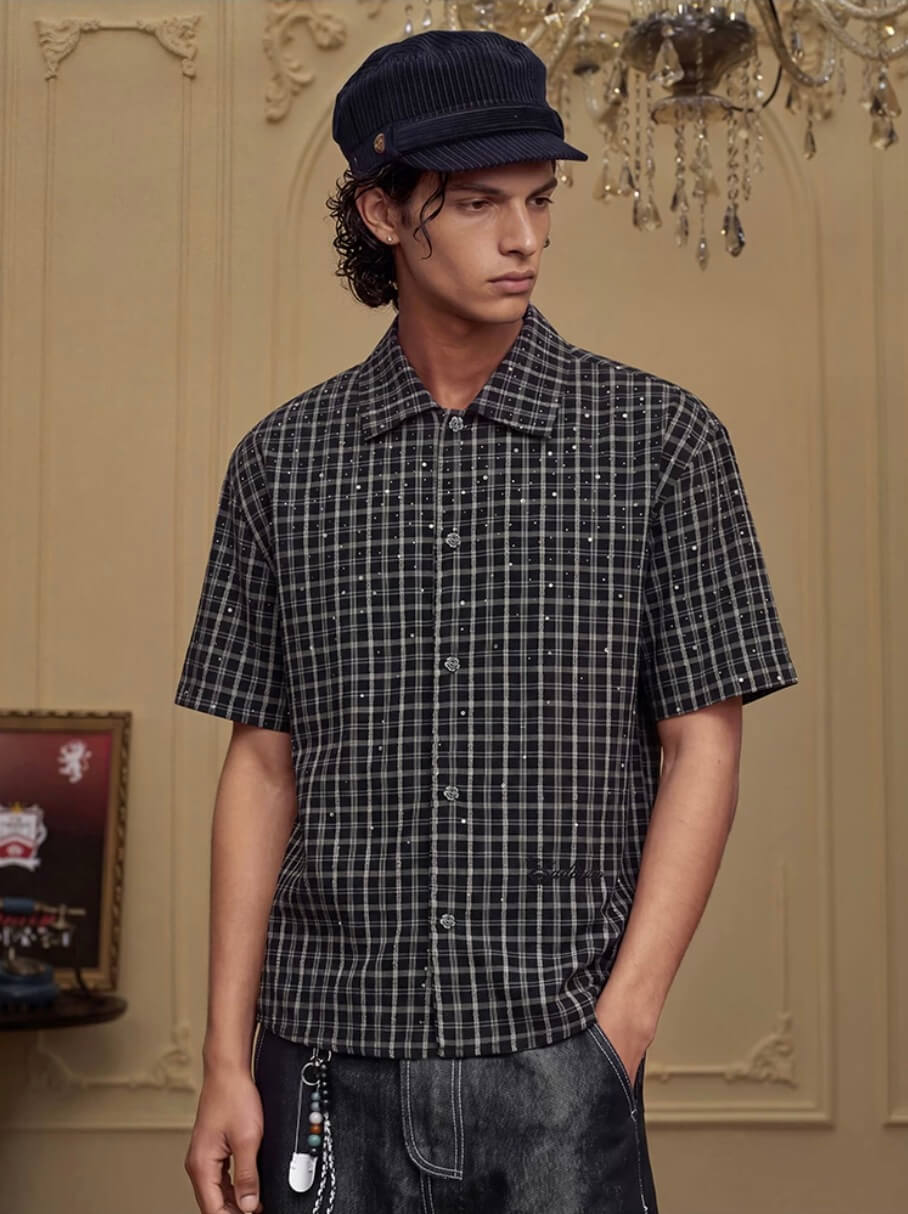 YADcrew Plaid Rhinestone Cascade Flower Button Short Sleeve Shirt | Face 3 Face