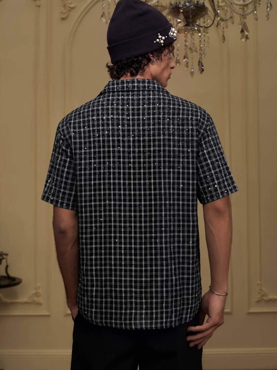 YADcrew Plaid Rhinestone Cascade Flower Button Short Sleeve Shirt | Face 3 Face