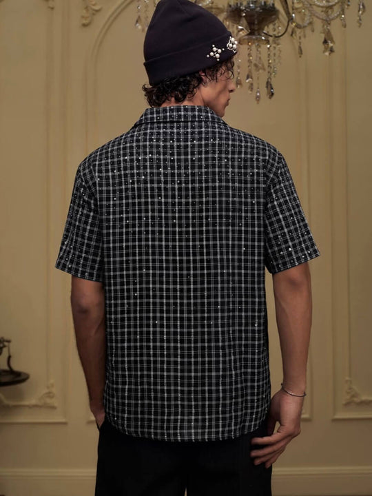 YADcrew Plaid Rhinestone Cascade Flower Button Short Sleeve Shirt | Face 3 Face
