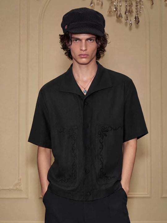 YADcrew Linen Blend Embroidered Short Sleeve Shirt | Face 3 Face