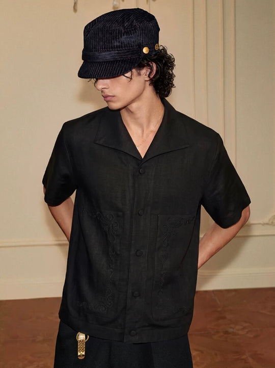 YADcrew Linen Blend Embroidered Short Sleeve Shirt | Face 3 Face