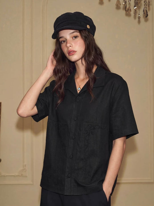 YADcrew Linen Blend Embroidered Short Sleeve Shirt | Face 3 Face