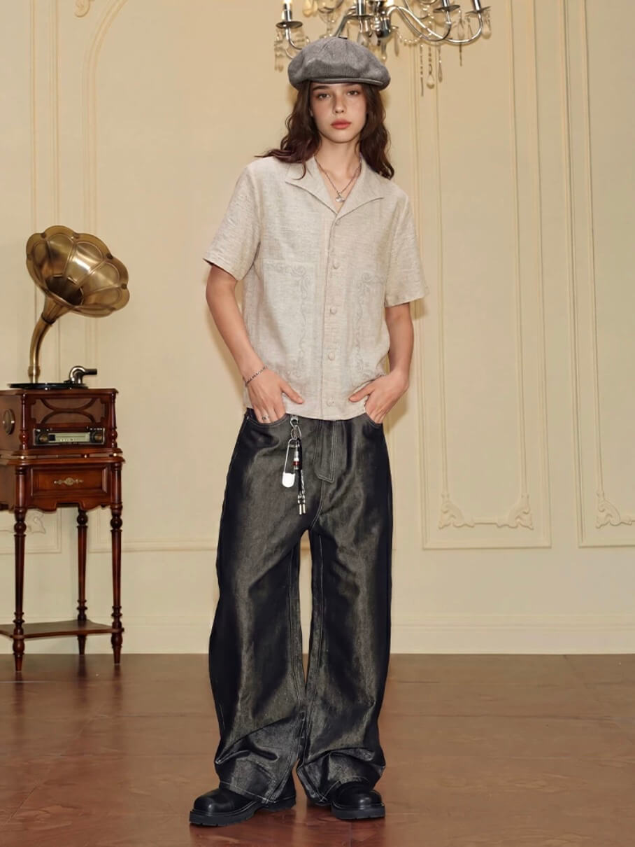 YADcrew Linen Blend Embroidered Short Sleeve Shirt | Face 3 Face