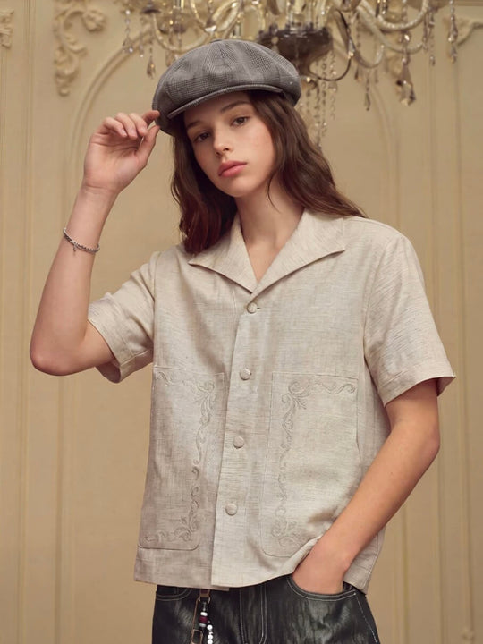 YADcrew Linen Blend Embroidered Short Sleeve Shirt | Face 3 Face