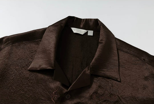 YADcrew Satin Embroidered Cuban Collar Short Sleeve Shirt | Face 3 Face