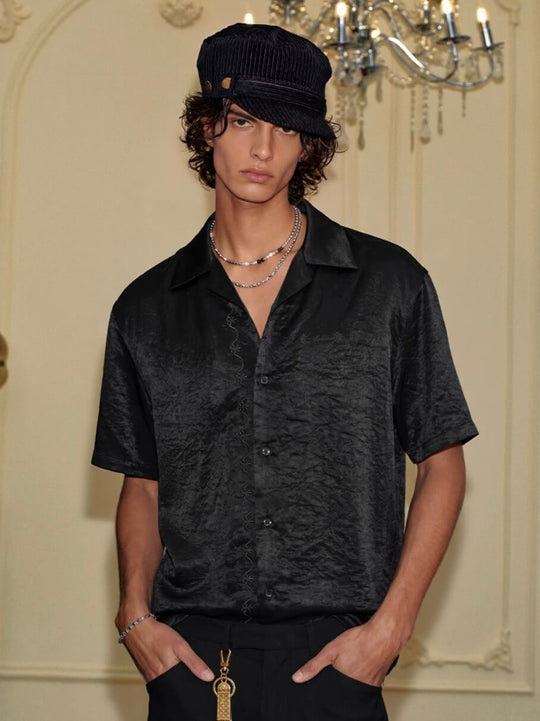 YADcrew Satin Embroidered Cuban Collar Short Sleeve Shirt | Face 3 Face