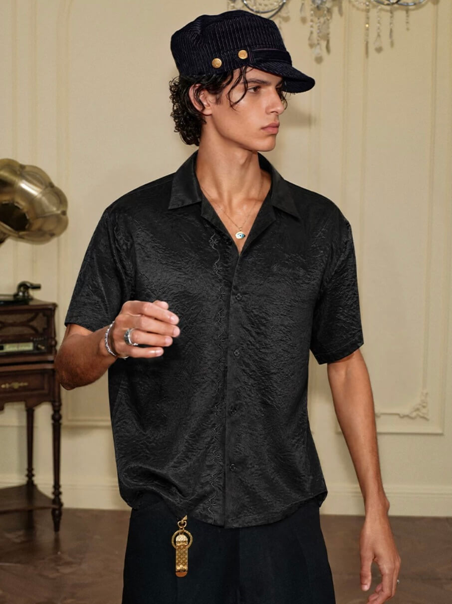 YADcrew Satin Embroidered Cuban Collar Short Sleeve Shirt | Face 3 Face