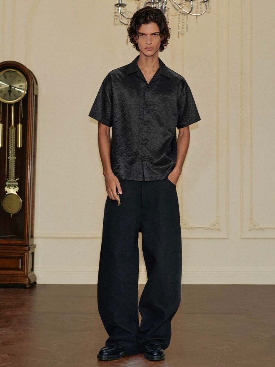 YADcrew Satin Embroidered Cuban Collar Short Sleeve Shirt | Face 3 Face