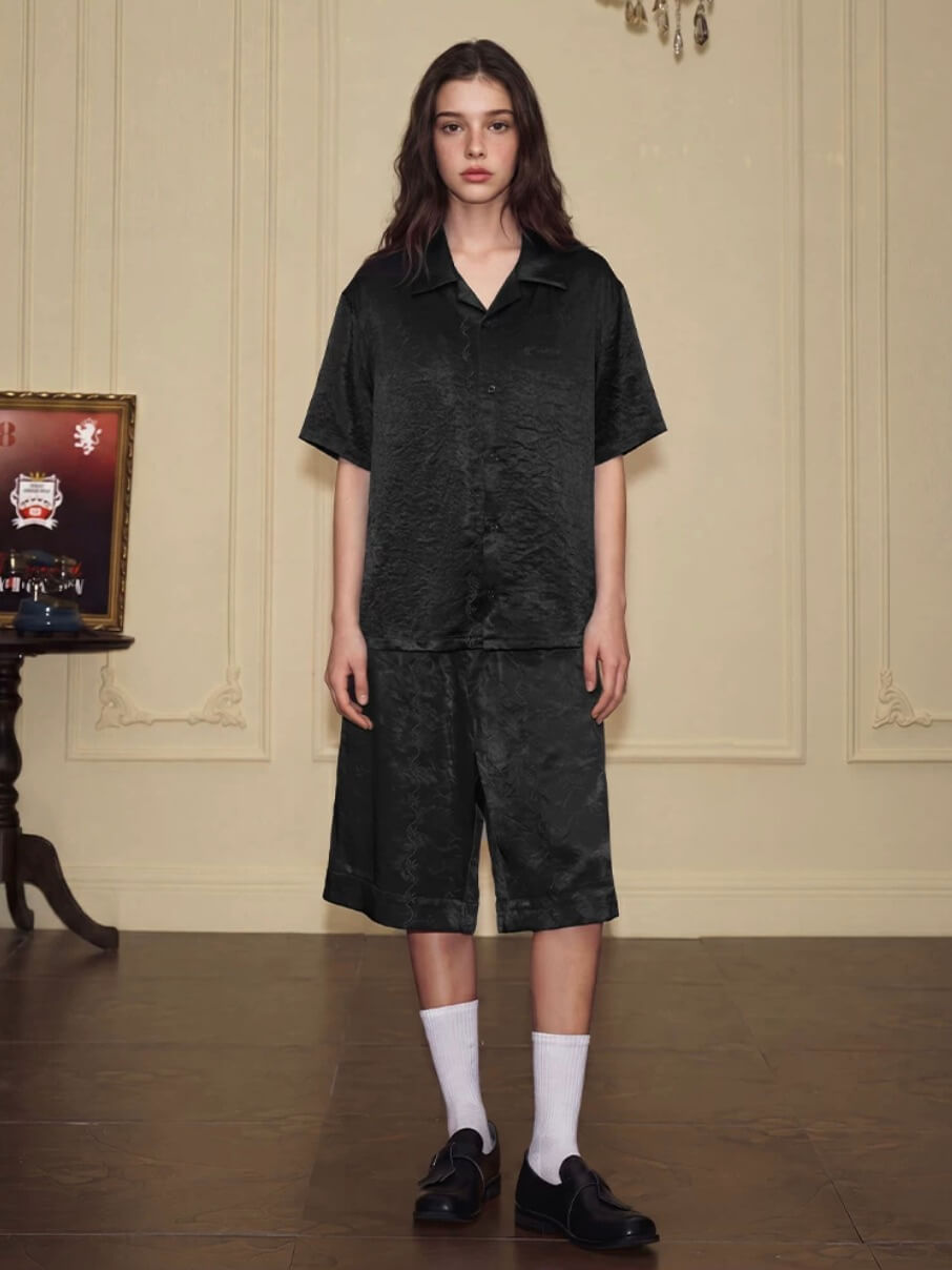 YADcrew Satin Embroidered Cuban Collar Short Sleeve Shirt | Face 3 Face
