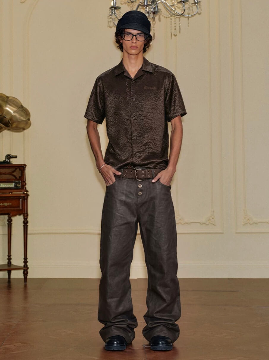 YADcrew Satin Embroidered Cuban Collar Short Sleeve Shirt | Face 3 Face