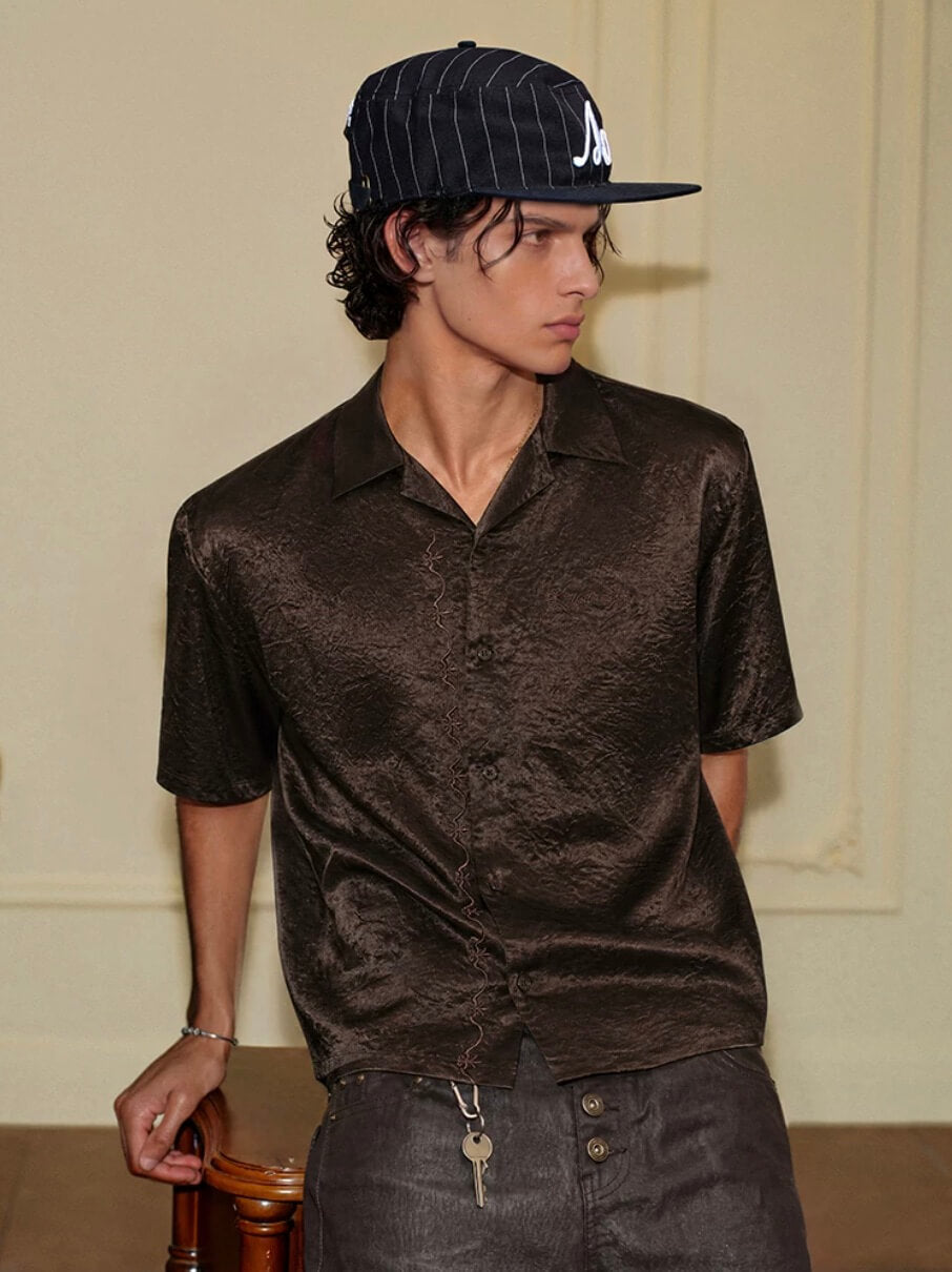 YADcrew Satin Embroidered Cuban Collar Short Sleeve Shirt | Face 3 Face
