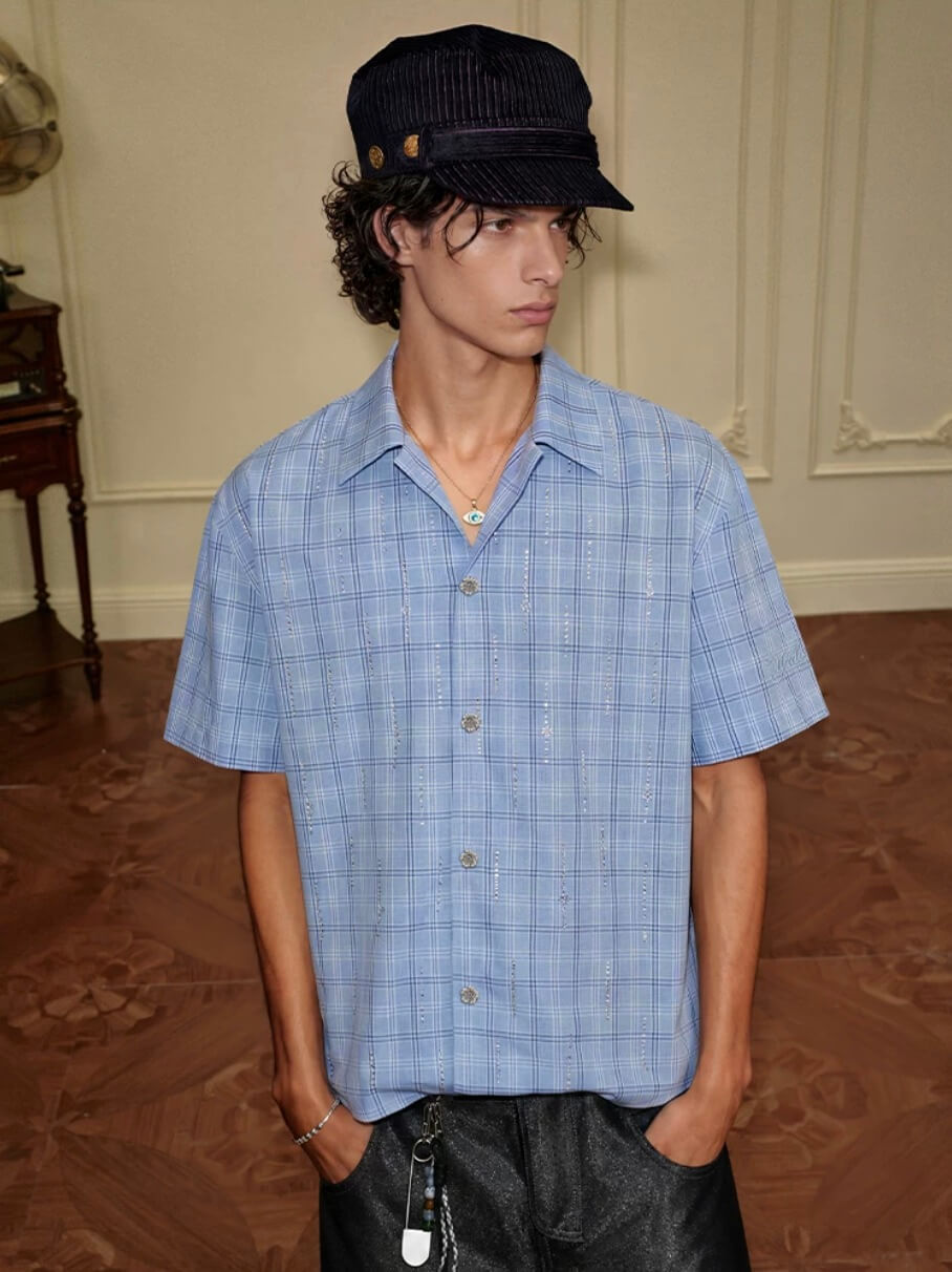 YADcrew All Over Rhinestone Plaid Short Sleeve Shirt | Face 3 Face