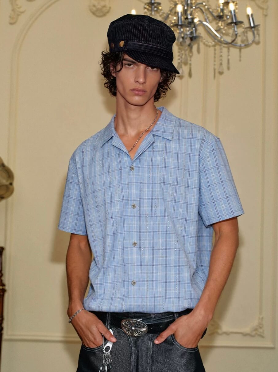 YADcrew All Over Rhinestone Plaid Short Sleeve Shirt | Face 3 Face