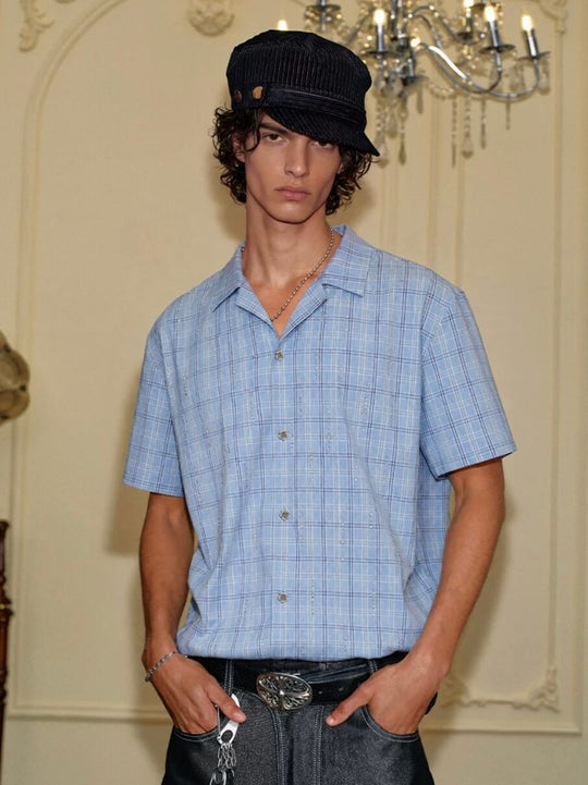 YADcrew All Over Rhinestone Plaid Short Sleeve Shirt | Face 3 Face