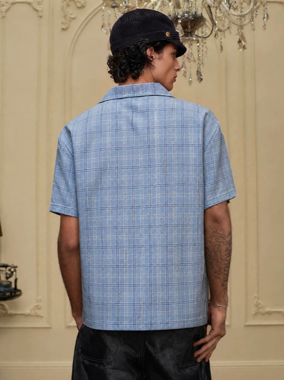 YADcrew All Over Rhinestone Plaid Short Sleeve Shirt | Face 3 Face