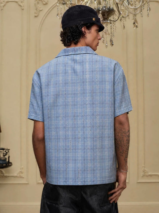 YADcrew All Over Rhinestone Plaid Short Sleeve Shirt | Face 3 Face