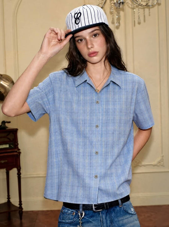 YADcrew All Over Rhinestone Plaid Short Sleeve Shirt | Face 3 Face