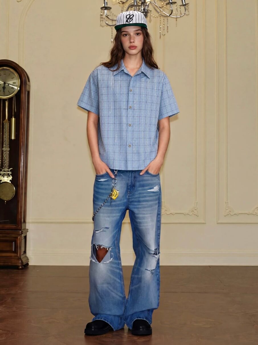 YADcrew All Over Rhinestone Plaid Short Sleeve Shirt | Face 3 Face