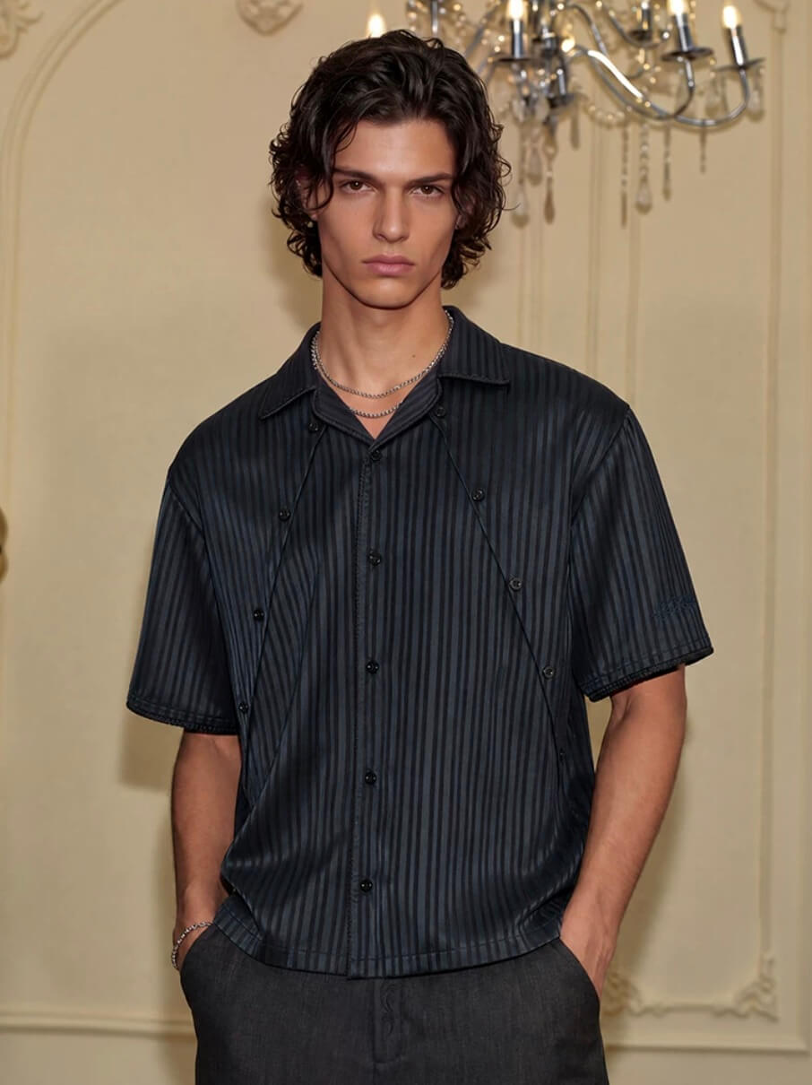 YADcrew Shiny Satin Striped Short Sleeve Shirt | Face 3 Face