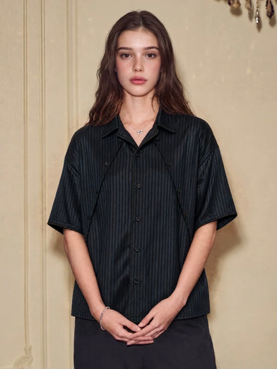 YADcrew Shiny Satin Striped Short Sleeve Shirt | Face 3 Face