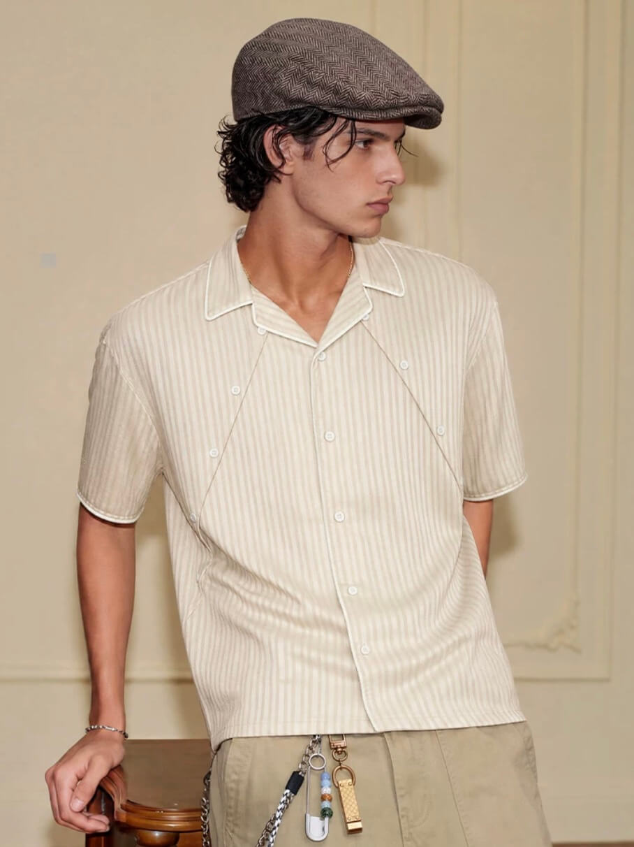 YADcrew Shiny Satin Striped Short Sleeve Shirt | Face 3 Face