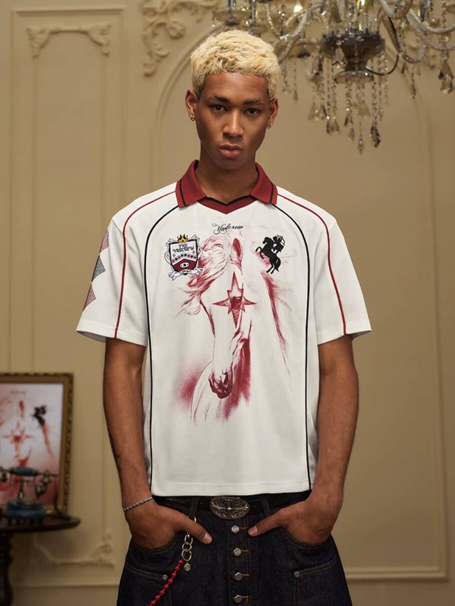 YADcrew Rhinestone Embroidered Patch Horse Print Mesh Polo Jersey | Face 3 Face