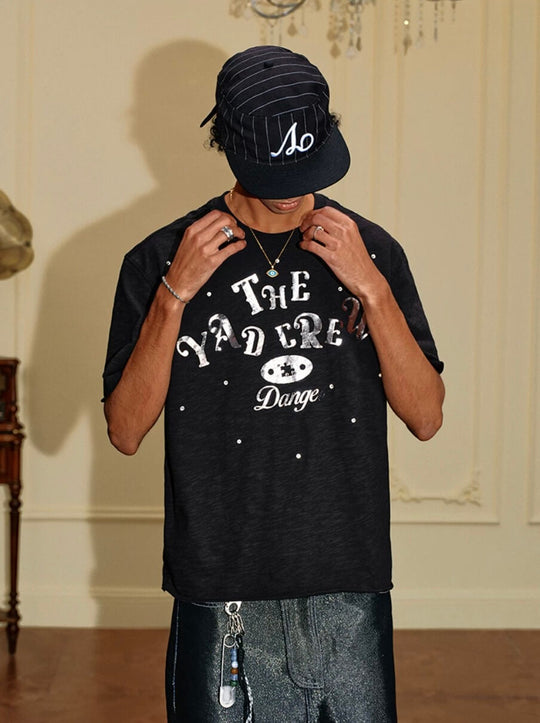 YADcrew Silver Logo Print All Over Rhinestone Tee | Face 3 Face