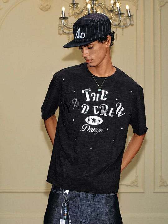 YADcrew Silver Logo Print All Over Rhinestone Tee | Face 3 Face