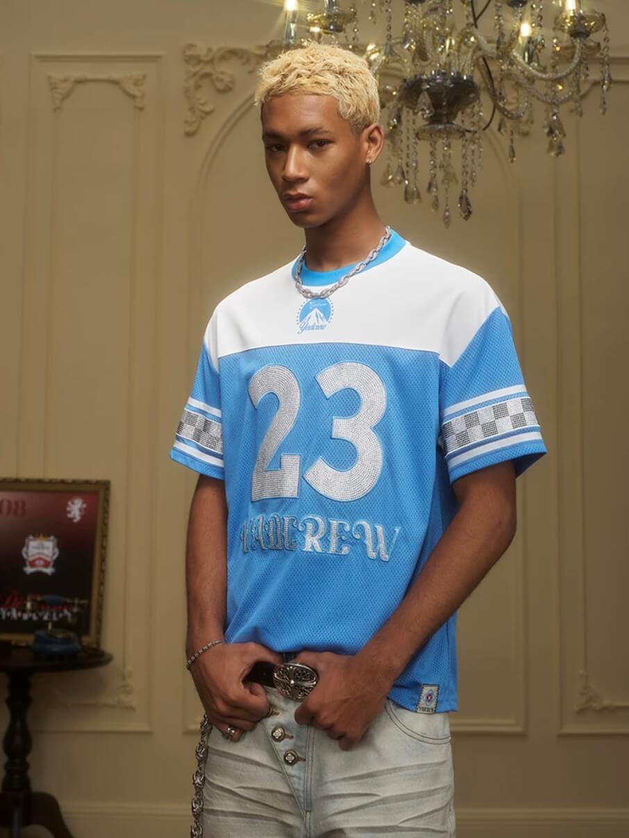 YADcrew Rhinestone Digital Checkered Numbering Mesh Tee | Face 3 Face