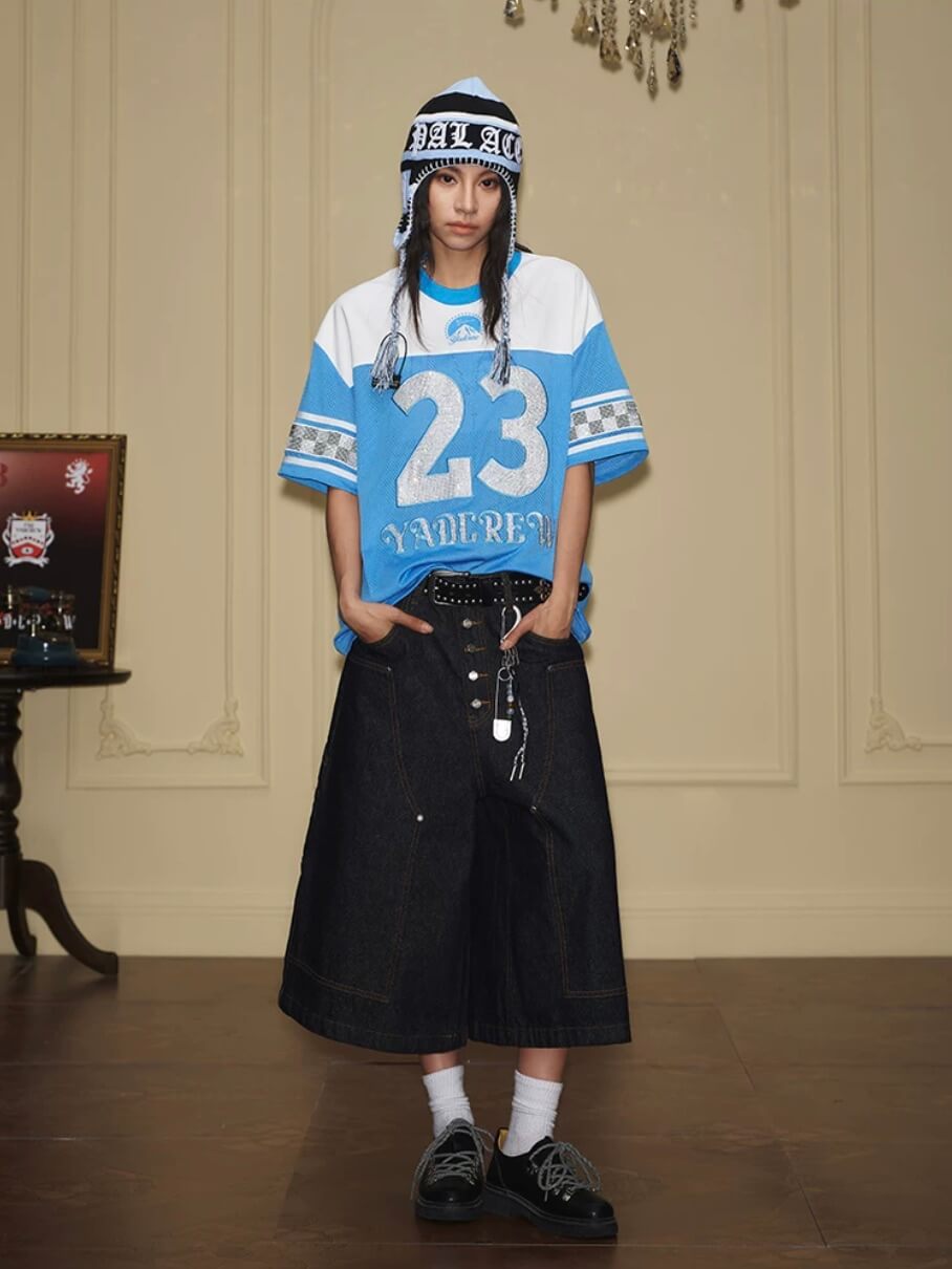 YADcrew Rhinestone Digital Checkered Numbering Mesh Tee | Face 3 Face