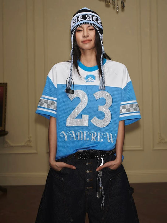 YADcrew Rhinestone Digital Checkered Numbering Mesh Tee | Face 3 Face
