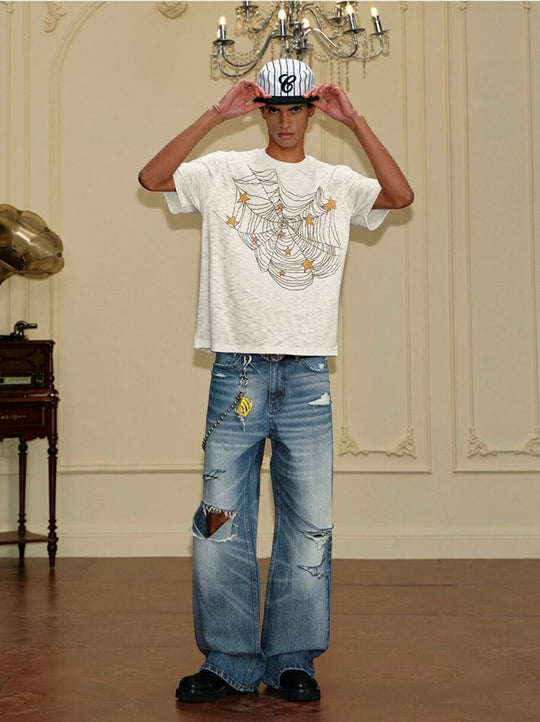 YADcrew Pearl Studded Star Spider Web Print Tee | Face 3 Face