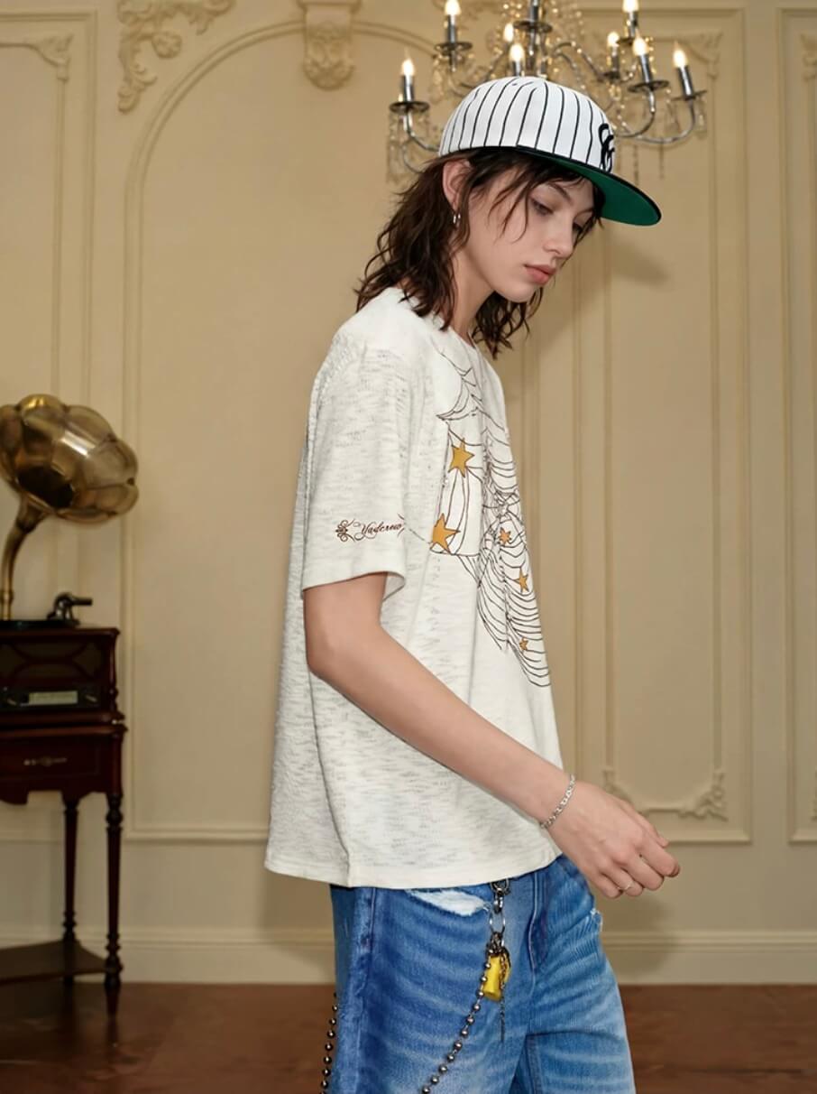 YADcrew Pearl Studded Star Spider Web Print Tee | Face 3 Face