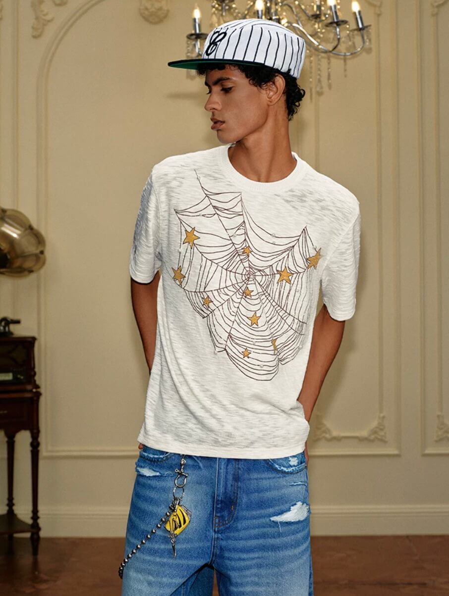 YADcrew Pearl Studded Star Spider Web Print Tee | Face 3 Face