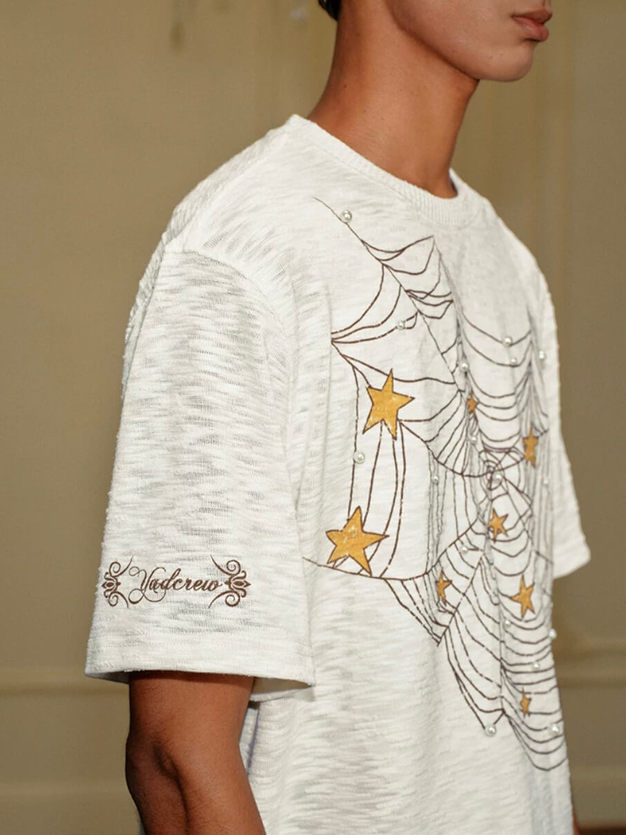 YADcrew Pearl Studded Star Spider Web Print Tee | Face 3 Face