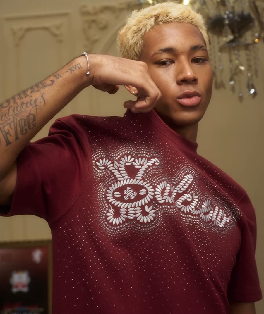 YADcrew Rhinestone Studded Rope Logo Embroidered Tee | Face 3 Face