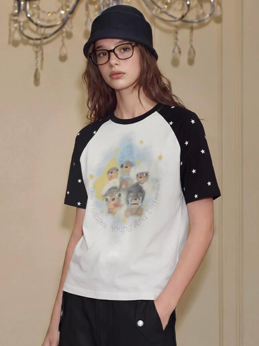 YADcrew Cartoon Dog Print Star Raglan Color Block Tee | Face 3 Face