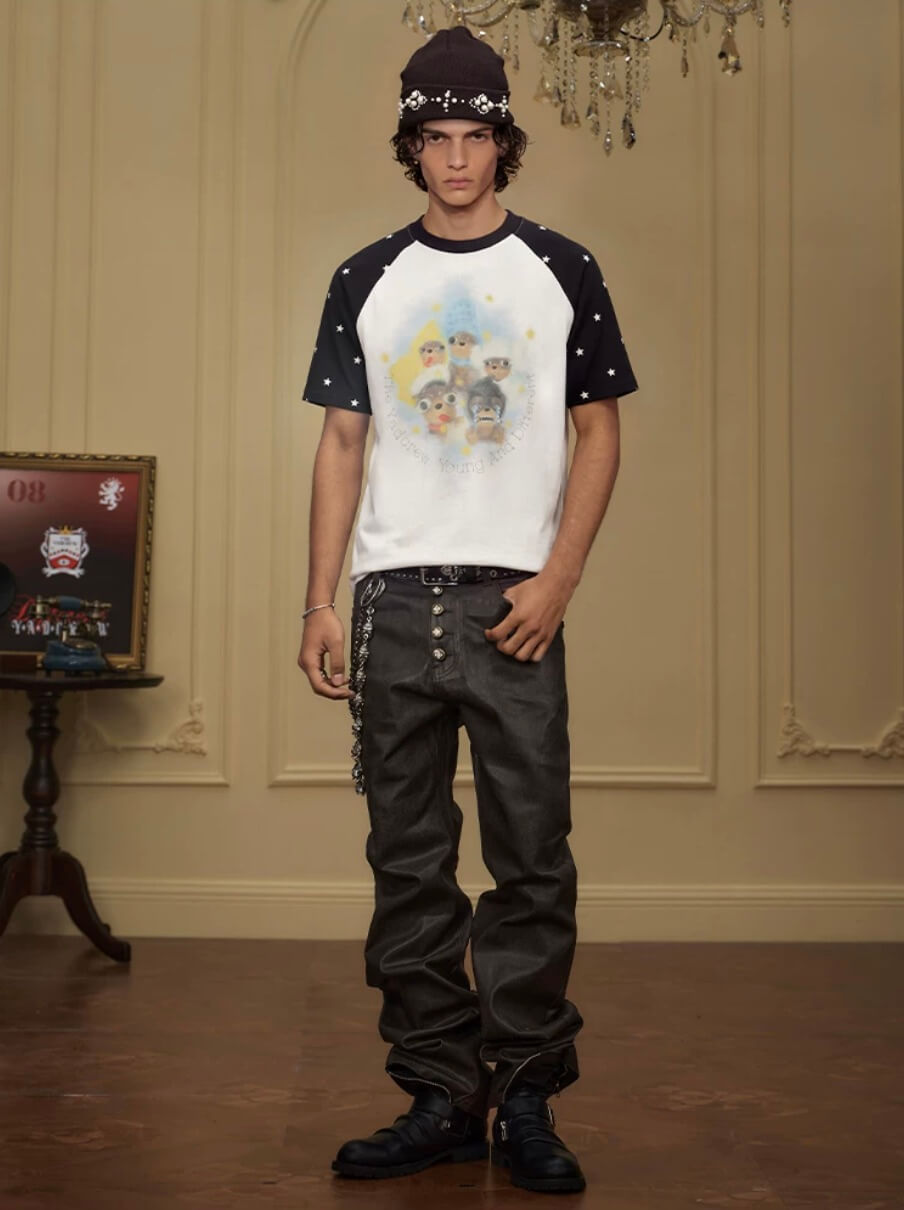 YADcrew Cartoon Dog Print Star Raglan Color Block Tee | Face 3 Face