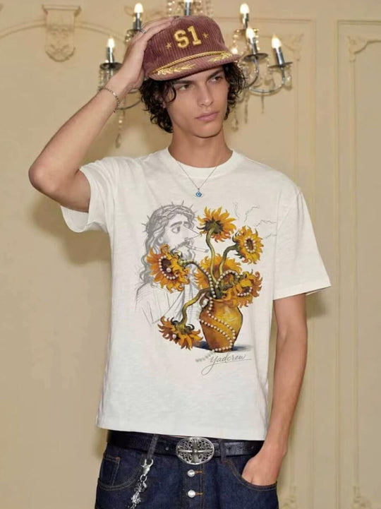 YADcrew Sunflower Jesus Print Pearl Embellished Tee | Face 3 Face