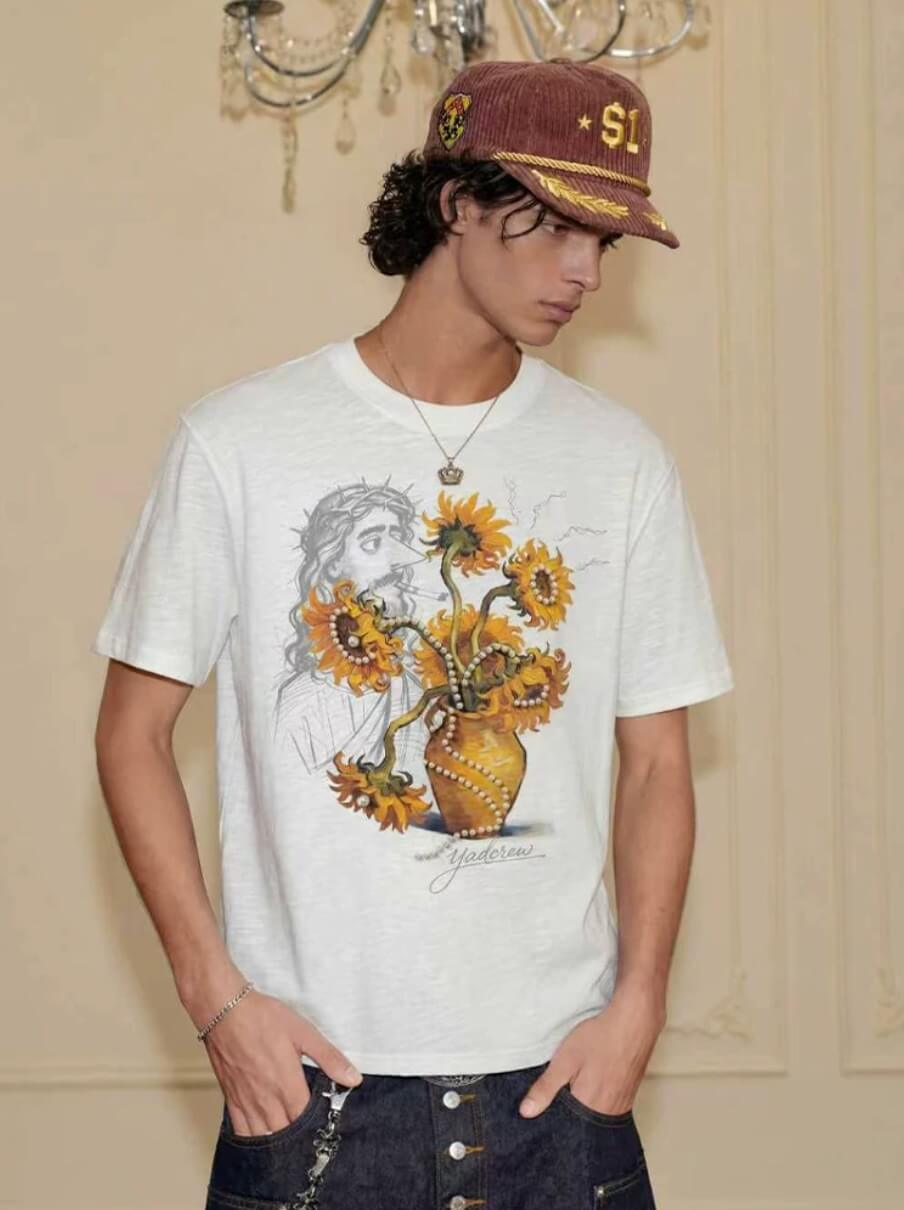 YADcrew Sunflower Jesus Print Pearl Embellished Tee | Face 3 Face