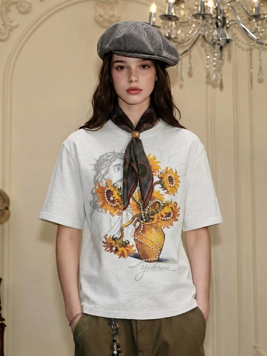 YADcrew Sunflower Jesus Print Pearl Embellished Tee | Face 3 Face