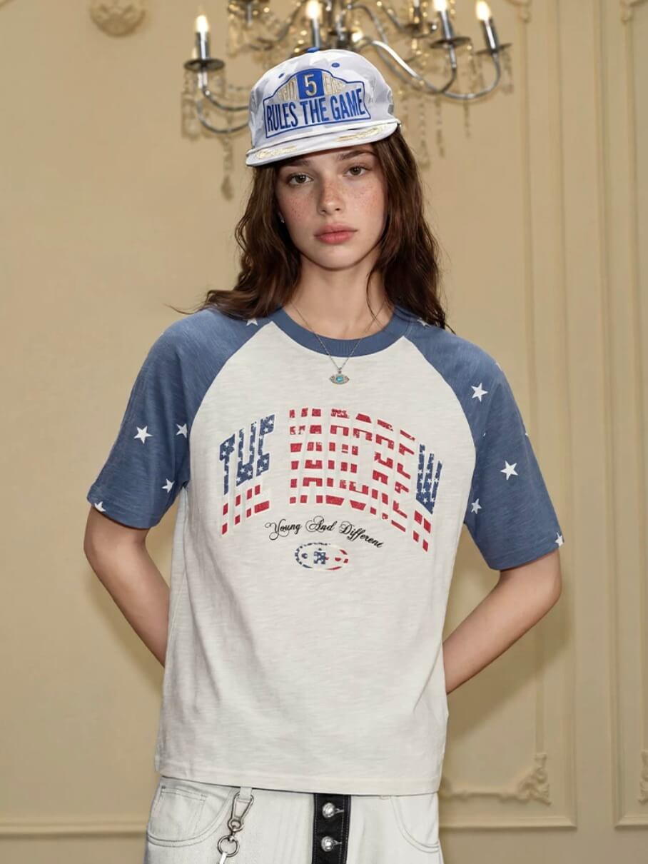 YADcrew American Star Print Raglan Color Block Tee | Face 3 Face